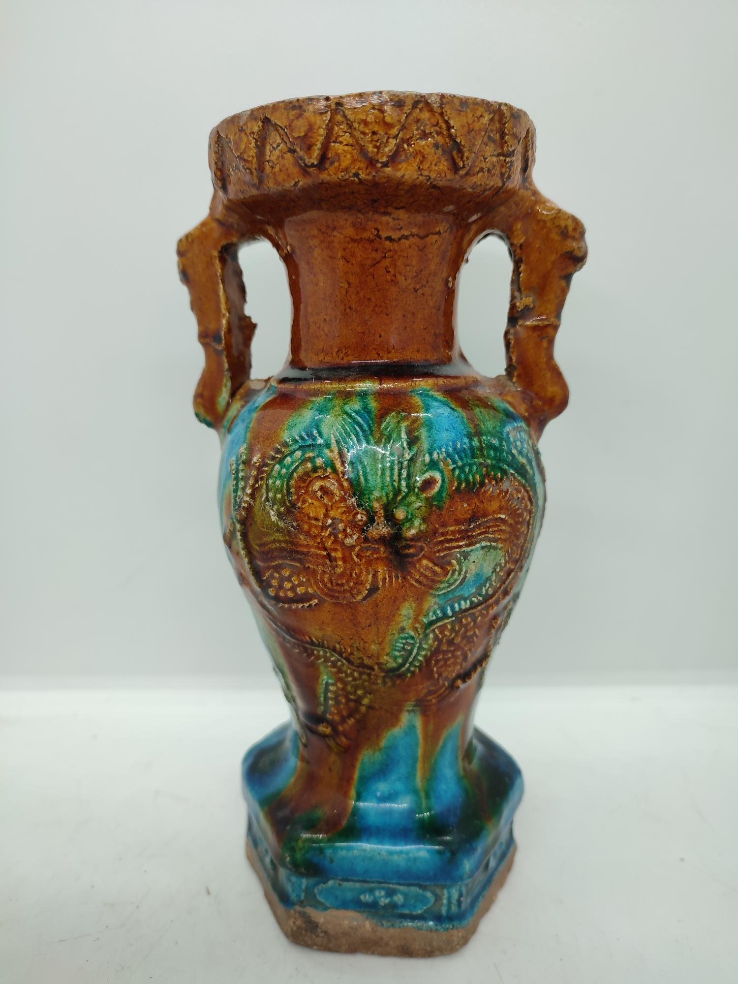 Vase en céramique émaillée brun et turquoise
